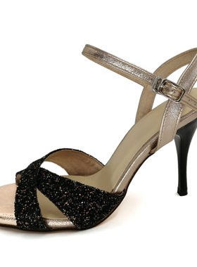 专业ArgentineTango Salsa黑色亮片阿根廷探戈硬牛皮底舞鞋