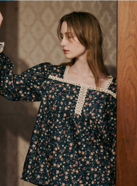 韩国进口ULLALA蓝色碎花全棉方领蕾丝花边家居服公主泡泡袖睡衣