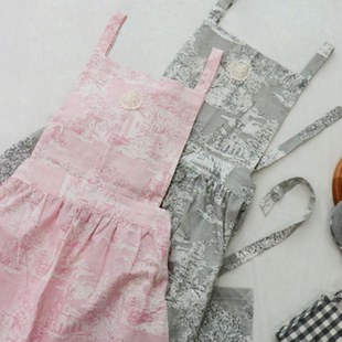 韩国进口棉麻水墨画围裙厨房家用做饭罩衣波西米亚风家居服工作服