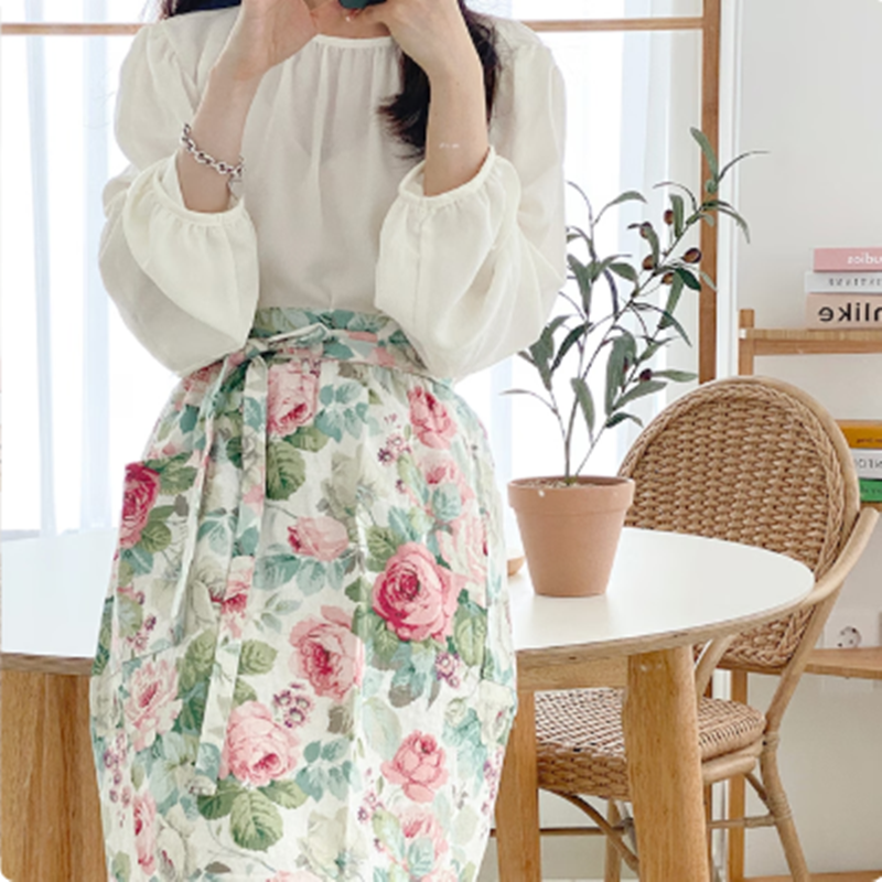 优雅田园棉麻半身系带厨房围裙