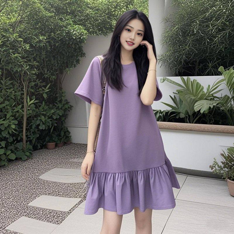 2026夏季新款简单大方法式气质宽松大码短袖连衣裙冷淡纯色中裙子,女装/女士精品,连衣裙,淘宝优惠券,粉丝福利购,淘宝优惠卷