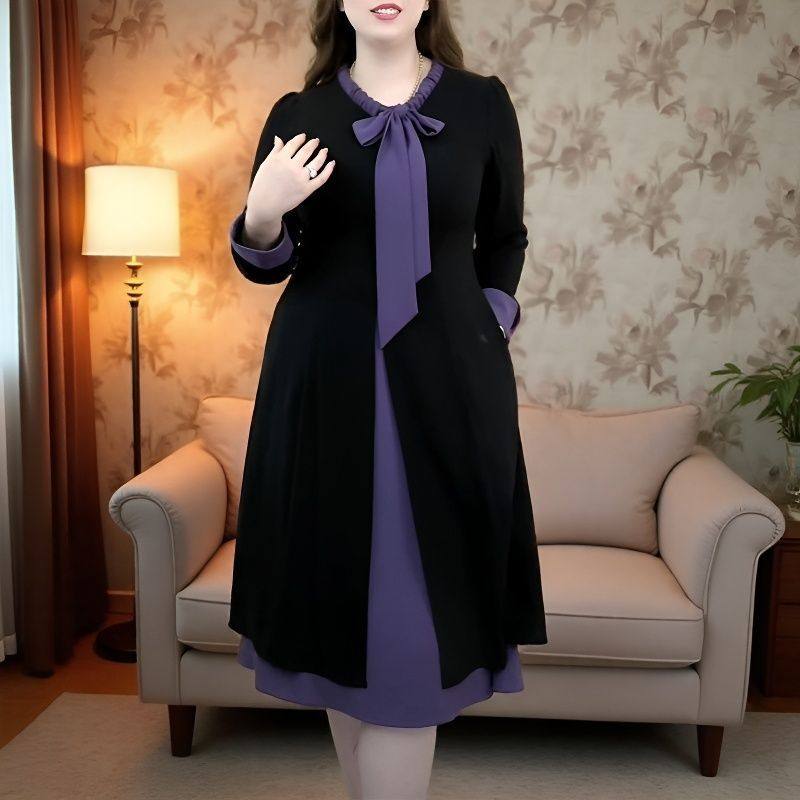 春秋季新款连衣裙围巾领淑女风宽松显瘦遮肚子拼色中长款打底裙子,女装/女士精品,大码连衣裙,淘宝优惠券,粉丝福利购,淘宝优惠卷