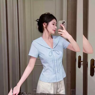 法式蓝色海军领衬衫女条纹短袖夏新款收腰显瘦大码正肩绝美上衣女