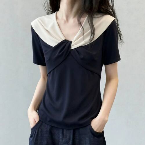 棉T法式撞色蝴蝶扭结V领短袖T恤女夏季2026新款日常显瘦百搭上衣