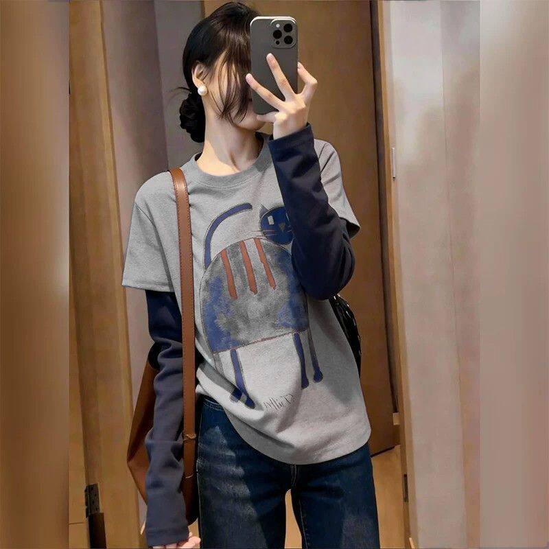圆领假两件T恤女春秋小众设计感T恤