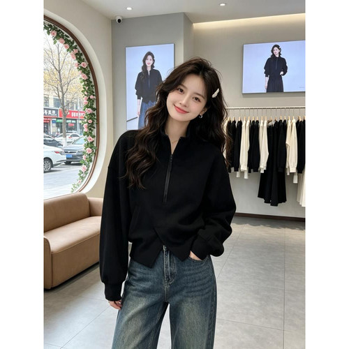 半拉链立领卫衣女长袖打底衫女春秋款修身显瘦内搭纯色韩版上衣女