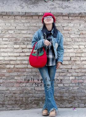 新年战袍苹果包个性设计手工羊毛毡红色单肩包文艺少女网红手提包