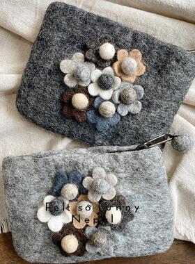 尼泊尔进口纯手工制作灰色系立体花花羊毛毡零钱包手拿包卡包日系