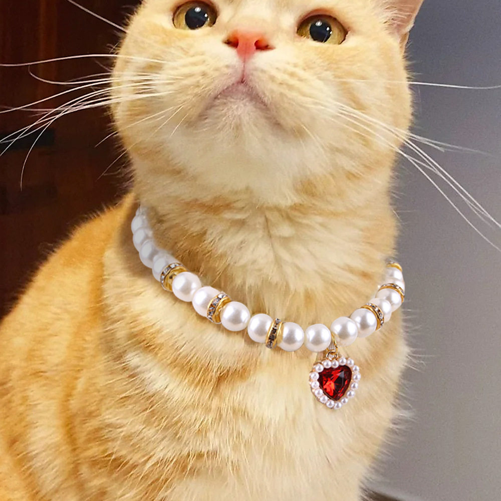 亚马逊宠物钻石项链心形珍珠宠物项圈 狗狗吊坠猫脖圈宠物饰品