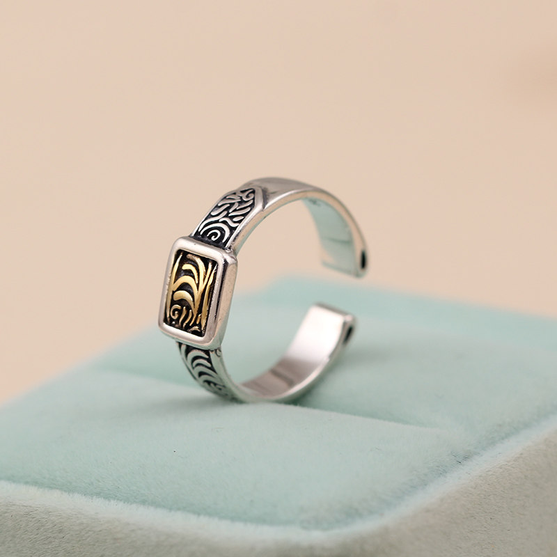 s925纯银开口戒指时尚凤钗花纹学生情侣个性银指环复古朱雀银戒子