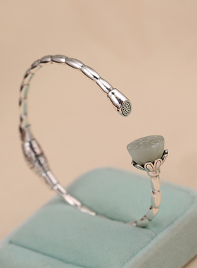 民族风女足银和田玉莲蓬手镯莲藕