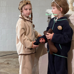 2024秋冬新款 小黑托昵托尼男童女童加厚保暖加绒睡衣家居服套装