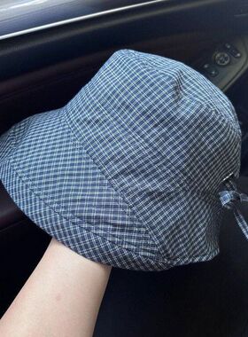 出口日本!miu系女春夏季大遮阳帽出游防晒盆帽藏青格子翻檐渔夫帽