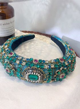 宽巴洛克发卡水钻宽边时尚饰品复古头箍水晶发饰发箍绿色女海绵宽