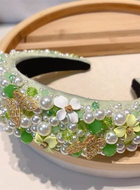 绿色蝴蝶粉色仙女头箍发箍加厚锆石头饰珍珠花朵防滑女压发