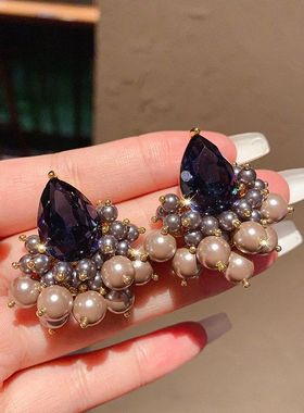 饰品复古耳小众时尚耳钉重工轻奢设计气质珍珠高级感绿色宝石耳环