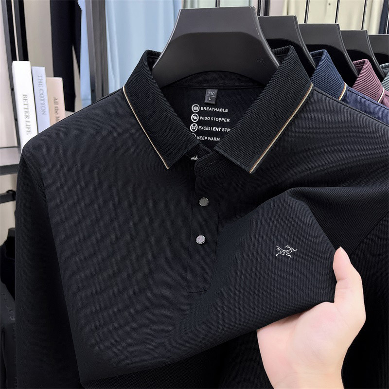 冬季新款刺绣鸟高端男士长袖t恤户外休闲加绒保暖翻领上衣POLO衫