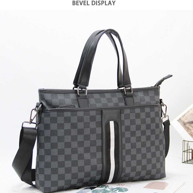 男士多功能公文包商务包百搭简约格子休闲单肩斜挎手提包电脑包潮