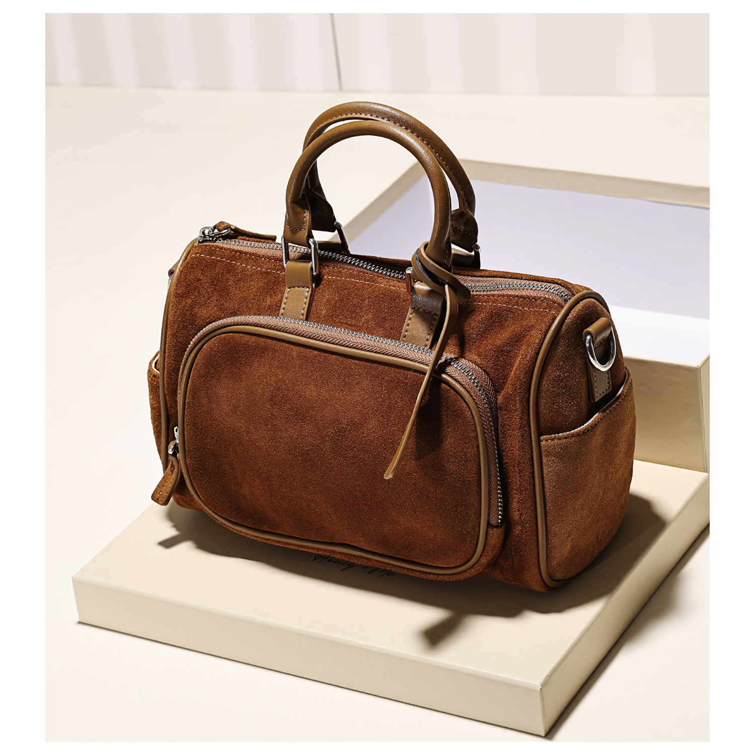 GXFMOD原创设计复古麂皮绒波士顿包女2025秋冬新款简约通勤斜挎包