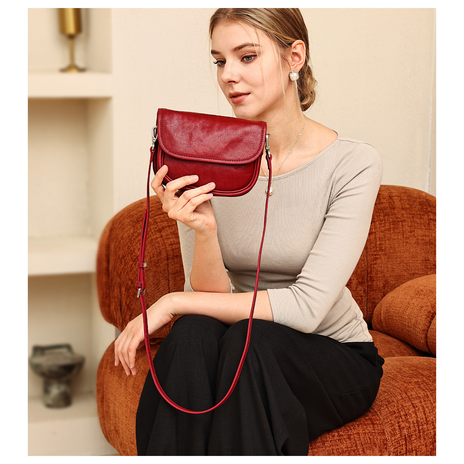 GXFMOD小众品牌头层牛皮马鞍包女2025新款红色洋气高级感斜挎包包,箱包皮具/热销女包/男包,单肩包,淘宝优惠券,粉丝福利购,淘宝优惠卷