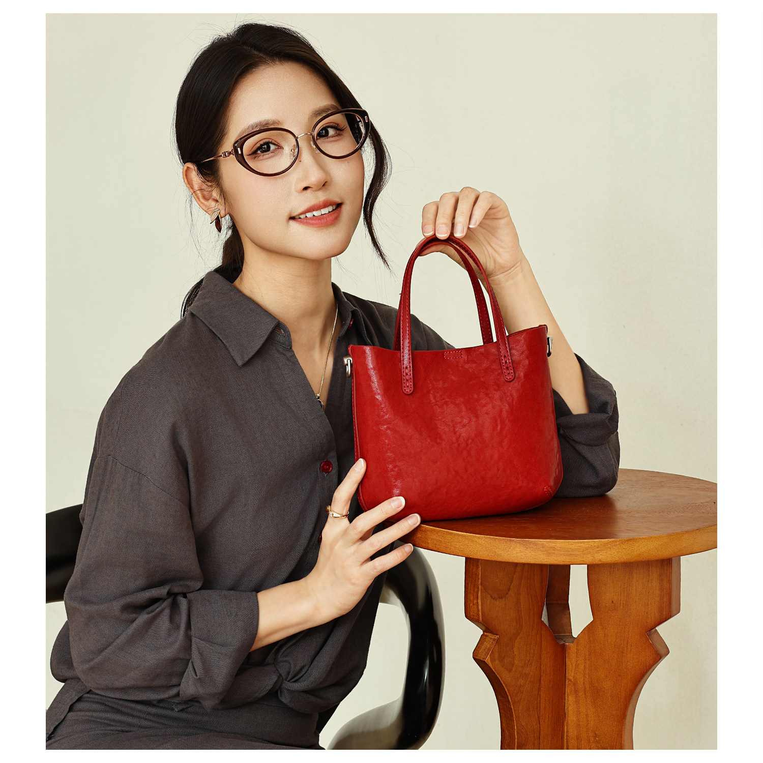 GXFMOD红色真皮手提斜挎女包