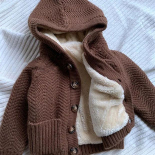 2024新款秋冬装男女童加绒加厚连帽毛衣外套男女宝宝婴儿开衫保暖