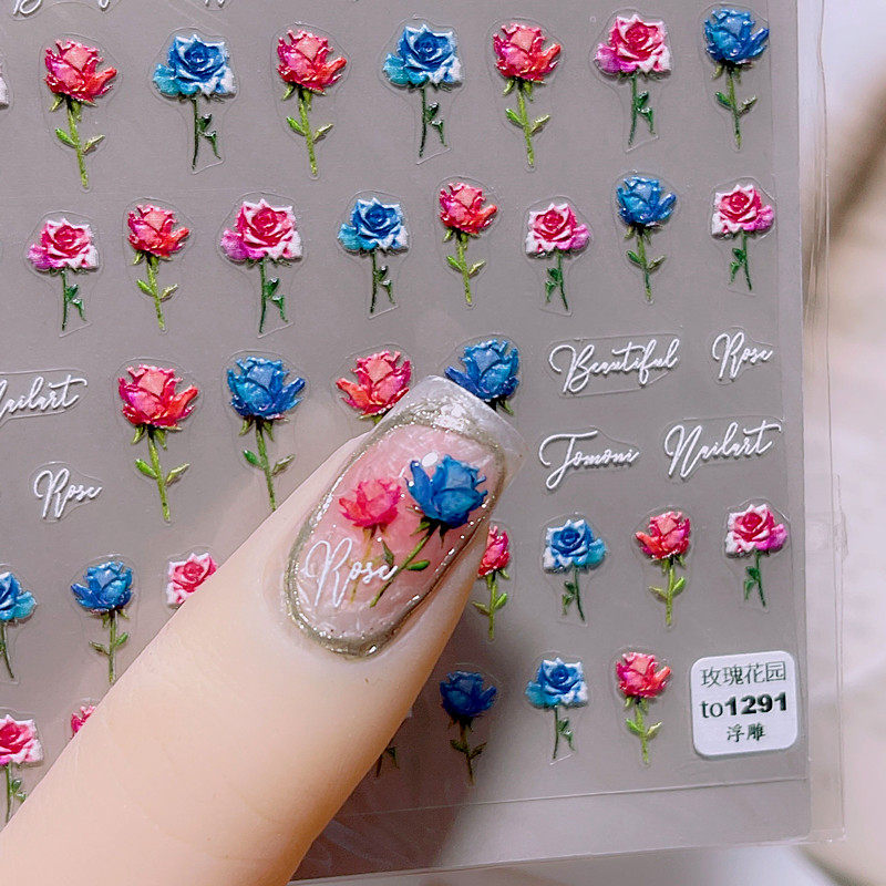 正品浮雕蓝红色玫瑰花园美甲贴纸玫瑰花白色字母英文花朵指甲饰品