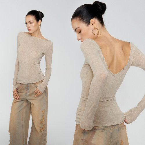 4muggle卡其色V领烫钻贝母扣打底