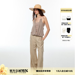 牡蛎色串珠阔腿裤 静奢气质长裤 米杏亚麻裤 4muggle原创老钱风夏季