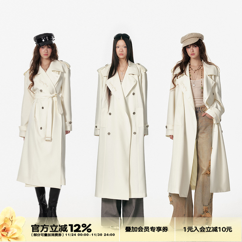 4muggle米白色金属扣长款风衣女