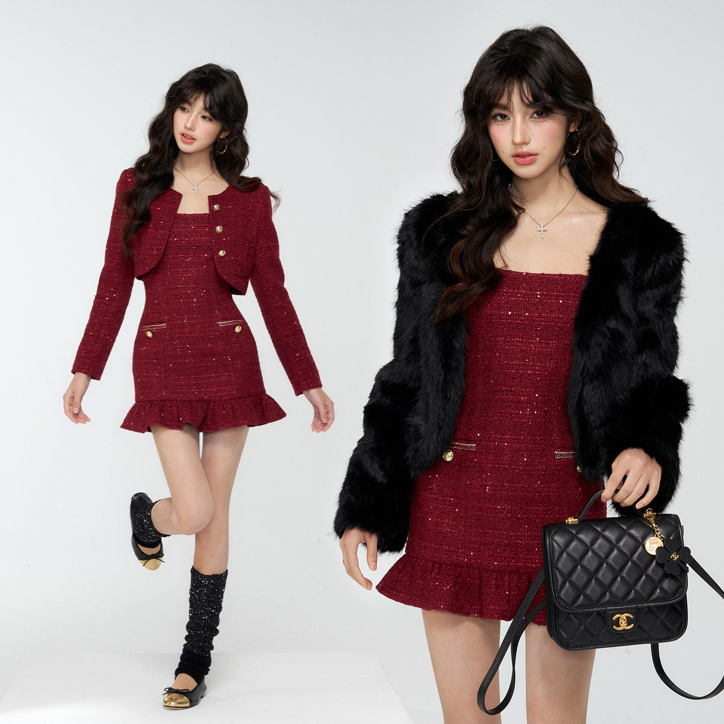 4muggle秋冬红色小香风套三件套