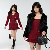 4muggle秋冬红色小香风套装 圣诞新年穿搭小洋装 千金连衣裙两件套