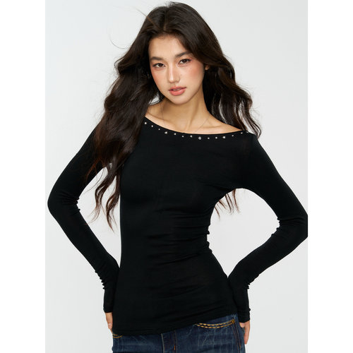 4muggle黑色V领烫钻一字肩打底衫