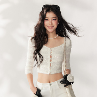 4muggle七分袖重工珠片开衫甜美千金风露腰珍珠扣辣妹花边上衣女