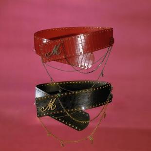 【宣美/曾可妮同款】千禧辣妹石纹垂坠链条pu皮小众宽腰带配饰女