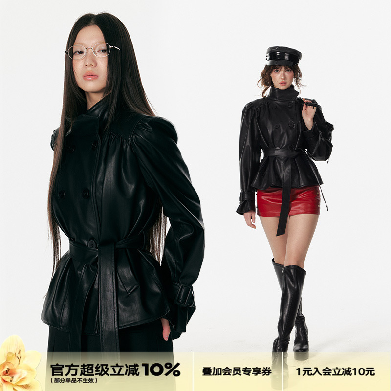 4muggle时髦伞形褶皱立领黑皮衣