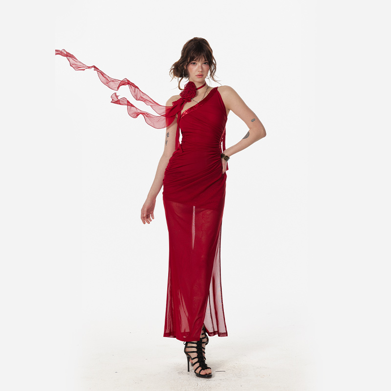 4muggle印花斜肩连衣裙红色礼服