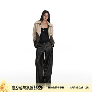 休闲直筒长裤 4muggle黑色PU皮裤 新款 女低腰显瘦阔腿裤 子 秋冬季