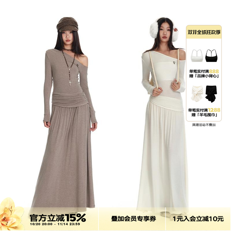 4muggle纯色慵懒长袖连衣裙女