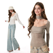 挂脖围巾针织打底辣妹长袖 4muggle温柔纸片人 一体式 T恤纯欲上衣