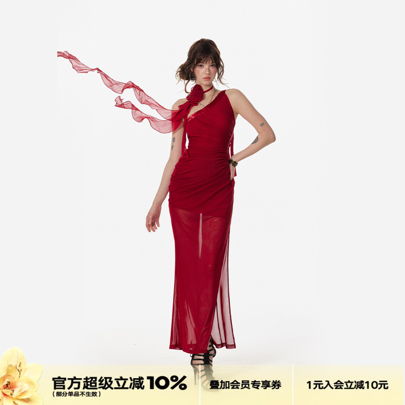 4muggle印花斜肩连衣裙红色礼服