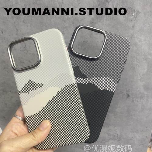 MagSafe山水画赛道碳纤维纹适用iPhone14proMax手机壳男苹果15proMax硬壳13pro磁吸充电12保护壳浮雕凯夫拉纹