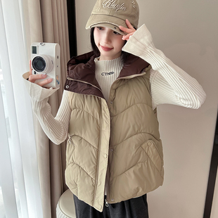 鸭鸭新款2025冬季羽绒棉马甲女韩版外穿拼色学院风棉马夹韩系坎肩