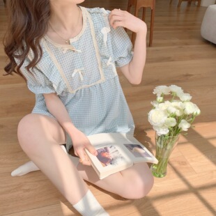2022实拍实价韩版 甜美可爱花边少女格子ins家居服女 短袖 睡衣套装