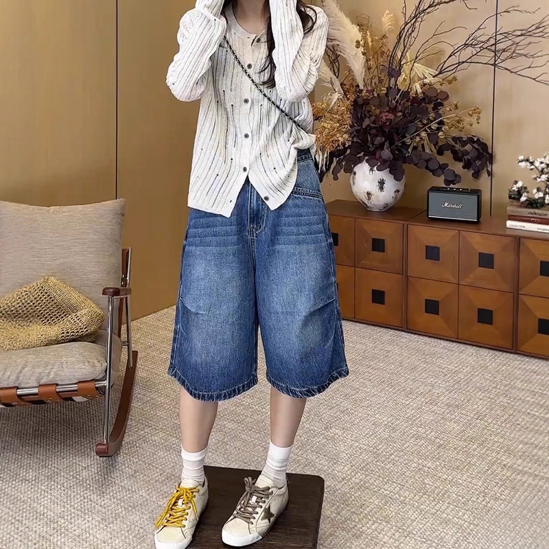 夏季新款显瘦抽褶宽松牛仔六分裤