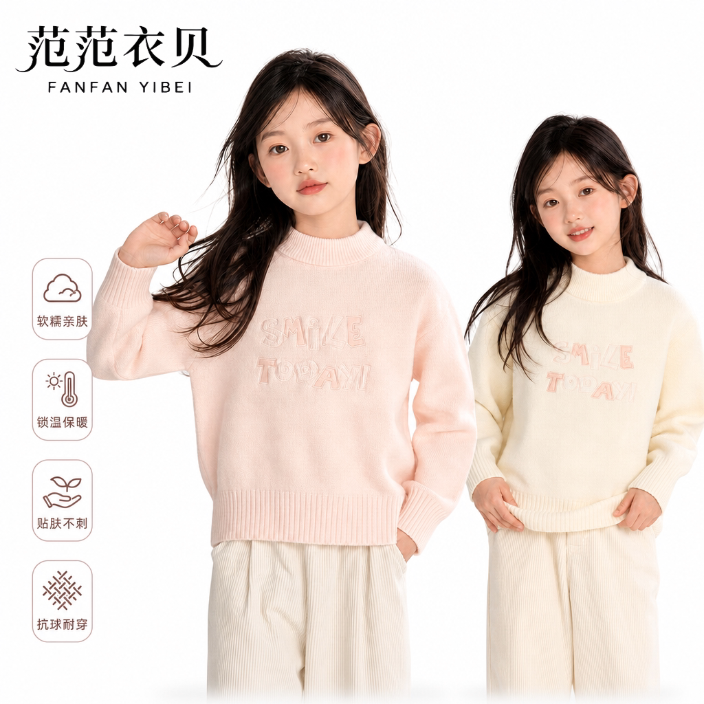 女童秋季新款圆领刺绣套头毛衣