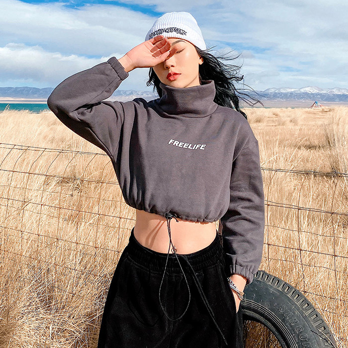 镭色lazer欧美高领加绒短款卫衣女个性套头宽松长袖抽绳露脐上衣