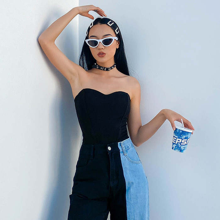 镭色lazer欧美黑色抹胸上衣女性感外穿束腰鱼骨腰封裹胸修身背心