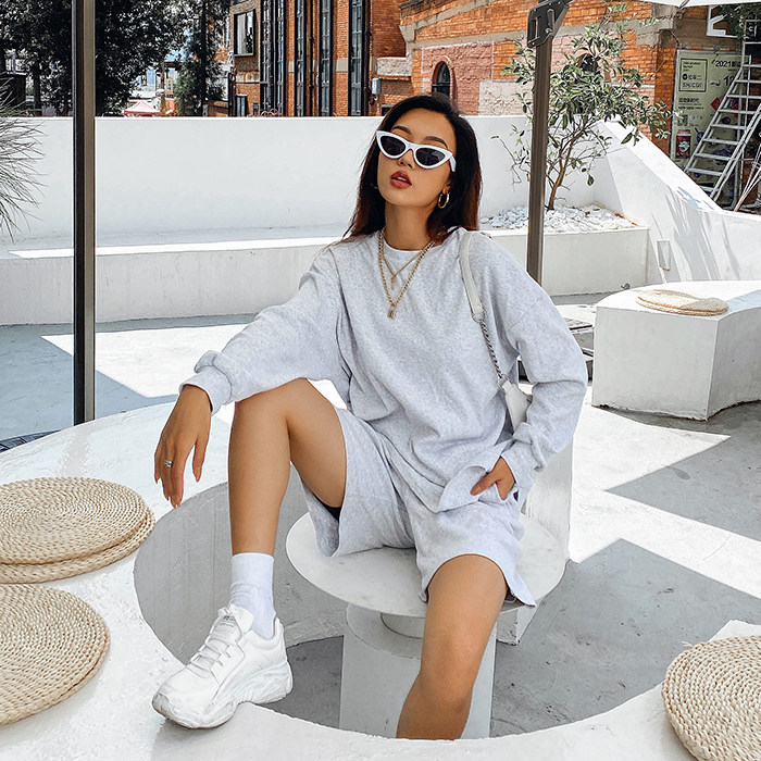 镭色lazer欧美休闲卫衣套装ins时尚潮人中长款宽松长袖上衣 短裤