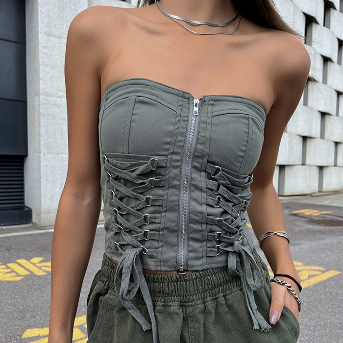 镭色lazer欧美军绿色绑带抹胸工装背心ins风个性沙丘废土风上衣